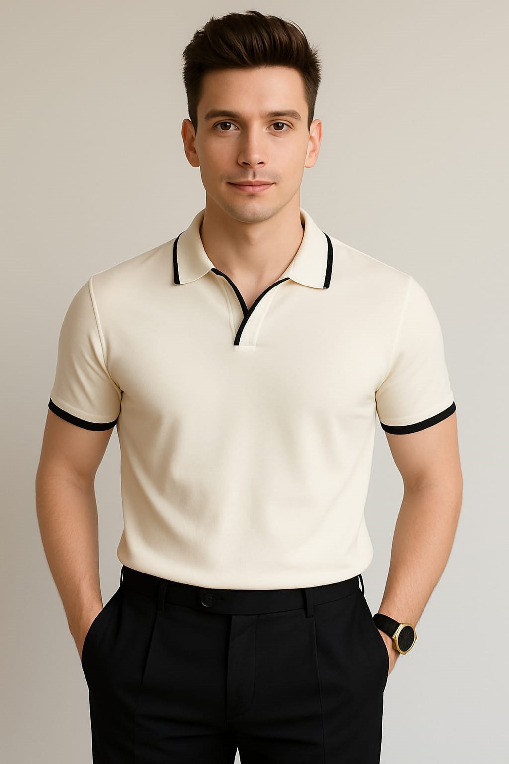 Executive Piped Trim Polo - Ivory & Black Classic