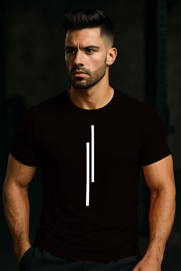 Redefine your style with the Apex Line T-Shirt, a perfect blend of modern simplicity and premium comfort. This T-shirt is crafted from an exceptionally soft and durable cotton blend in a classic, deep black. The design is elevated by a clean, minimalist graphic: two parallel white lines positioned centrally on the chest. This striking yet simple detail gives the shirt a contemporary and sophisticated edge. With its classic crewneck and tailored fit, this t-shirt is versatile enough for the gym, a casual outing, or as a foundational piece for a layered look. Available in sizes S to XXL.