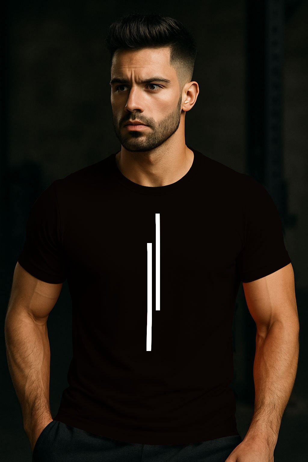 Redefine your style with the Apex Line T-Shirt, a perfect blend of modern simplicity and premium comfort. This T-shirt is crafted from an exceptionally soft and durable cotton blend in a classic, deep black. The design is elevated by a clean, minimalist graphic: two parallel white lines positioned centrally on the chest. This striking yet simple detail gives the shirt a contemporary and sophisticated edge. With its classic crewneck and tailored fit, this t-shirt is versatile enough for the gym, a casual outing, or as a foundational piece for a layered look. Available in sizes S to XXL.