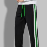 StrideX Men’s Black Track Pants with White & Green Side Stripes | Stylish Sports & Casual Wear