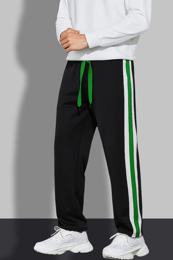 StrideX Men’s Black Track Pants with White & Green Side Stripes | Stylish Sports & Casual Wear