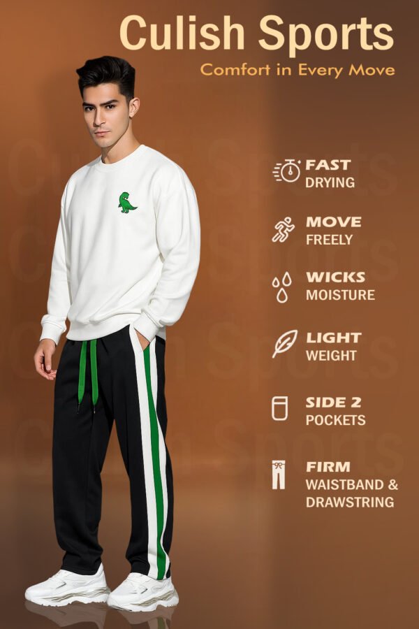 StrideX Men’s Black Track Pants with White & Green Side Stripes | Stylish Sports & Casual Wear