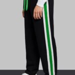 StrideX Men’s Black Track Pants with White & Green Side Stripes | Stylish Sports & Casual Wear