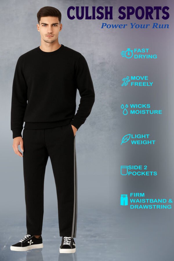 AthliQ Men’s Black Track Pants with Green Drawstring & Dual Side Stripes | Sports & Casual Wea